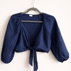 NWT Aritzia Wilfred Tenley Linen Tie-Front Crop Top (Navy) | Size M
